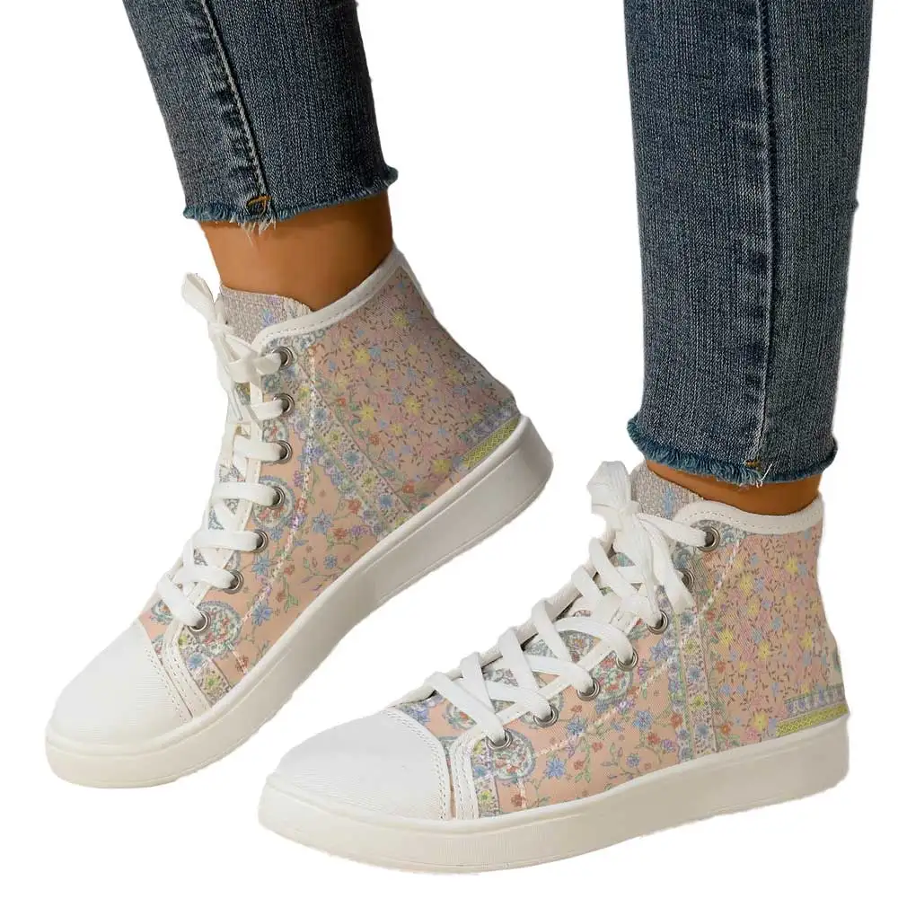 Zapatillas de lona de caña alta con estampado floral vintage para mujer, estilo retro bohemio, con cordones, para uso diario