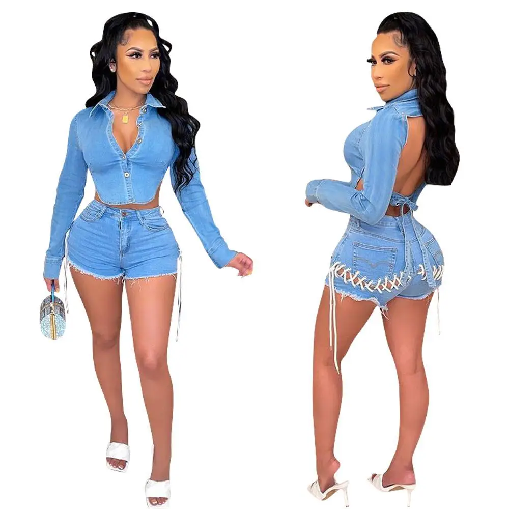 

Sexy Backless Lace-up Denim Shorts Set Summer Women Turn Down Collar Single Breasted Tops+Denim Shorts Slim Fit Two Piece Set