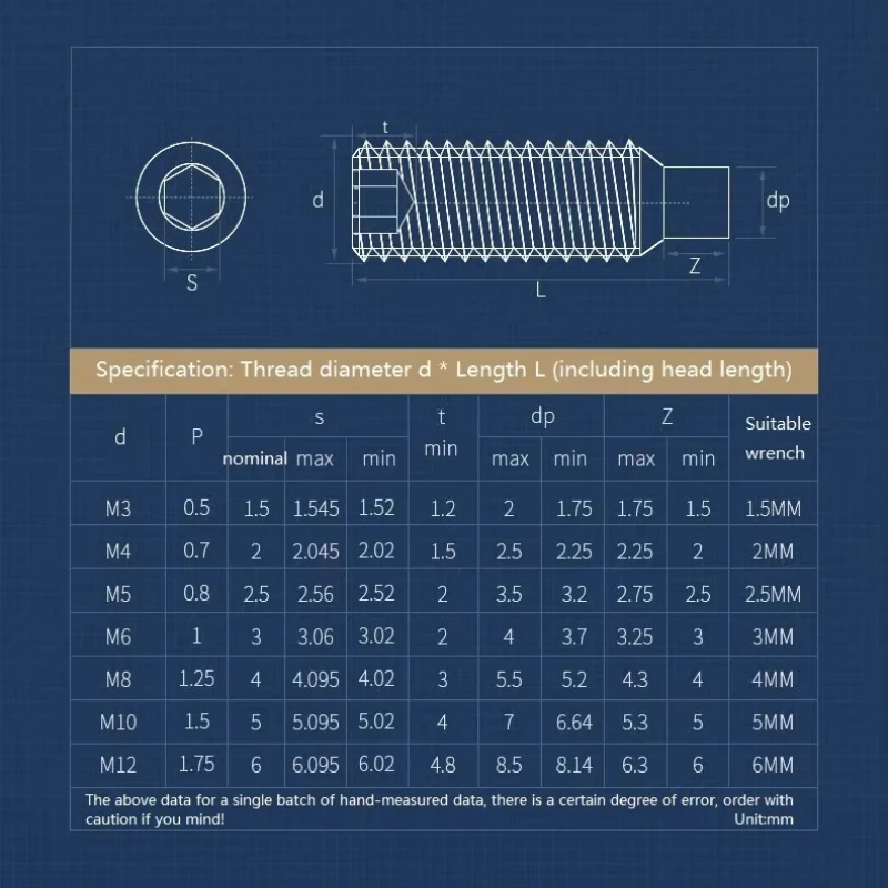 304 Stainless Steel Hex Socket Dog Point Set Screw, Convex End Grub Screw, Cup Head Protruding Tip Set Screw M2 M2.5M3M4M5M6-M12