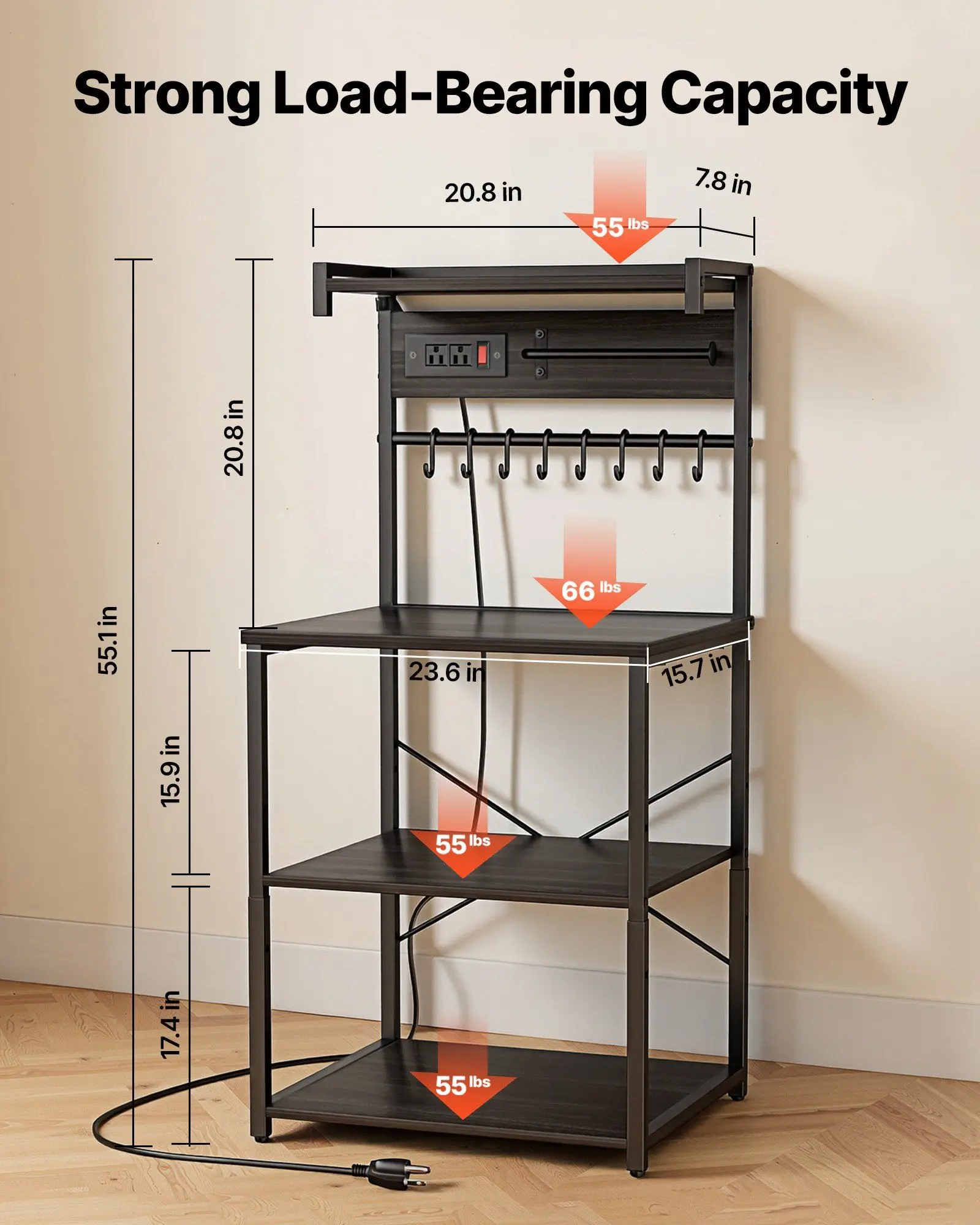 Kitchen Bakers Rack, 4.6ft Power Cable Bakers Rack with Power Outlet, Kitchen Stand with X-Shaped Support Bar, 8 S-Shaped Hooks, Coffee Bar Stand for Dishes, Spice Bottles, Built-In Power Strip