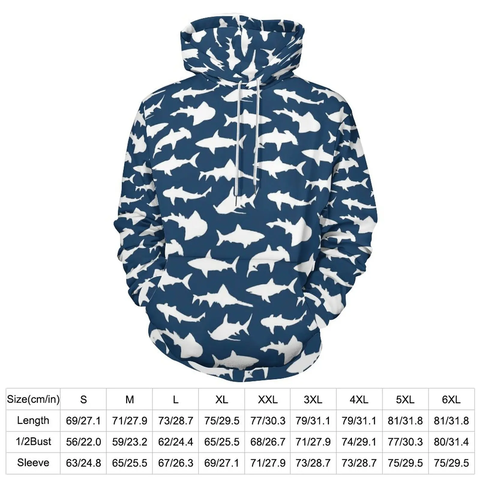 Sharks on Navy Blue Hoodies Long-Sleeve Animal Casual Pullover Hoodie Spring Streetwear Oversized Graphic Loose Sweatshirts