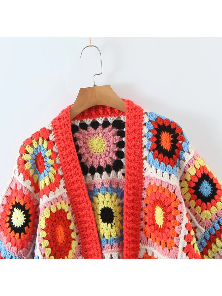 YENKYE New Autumn Women Multicolor Hand Made Crochet Flower Plaid Boho Crop Cardigan Sweater Vintage Batwing Sleeve Loose Coat