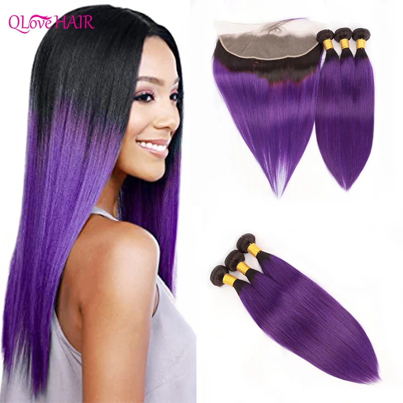 Straight Human Hair Bundles With Lace Frontal T1B/Purple Bundles With Frontal Free Shipping Peruvian Remy Hair  Pre-plucked