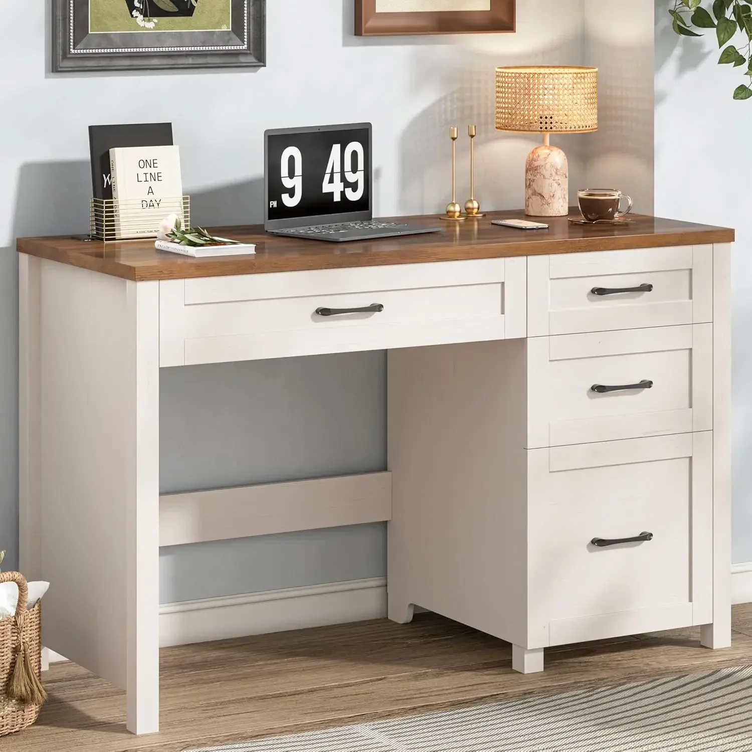 

Farmhouse 47" Executive Desk, Computer Desk with File Drawer and Charging Station, Workstation for Study, Home Office, Unique Wh