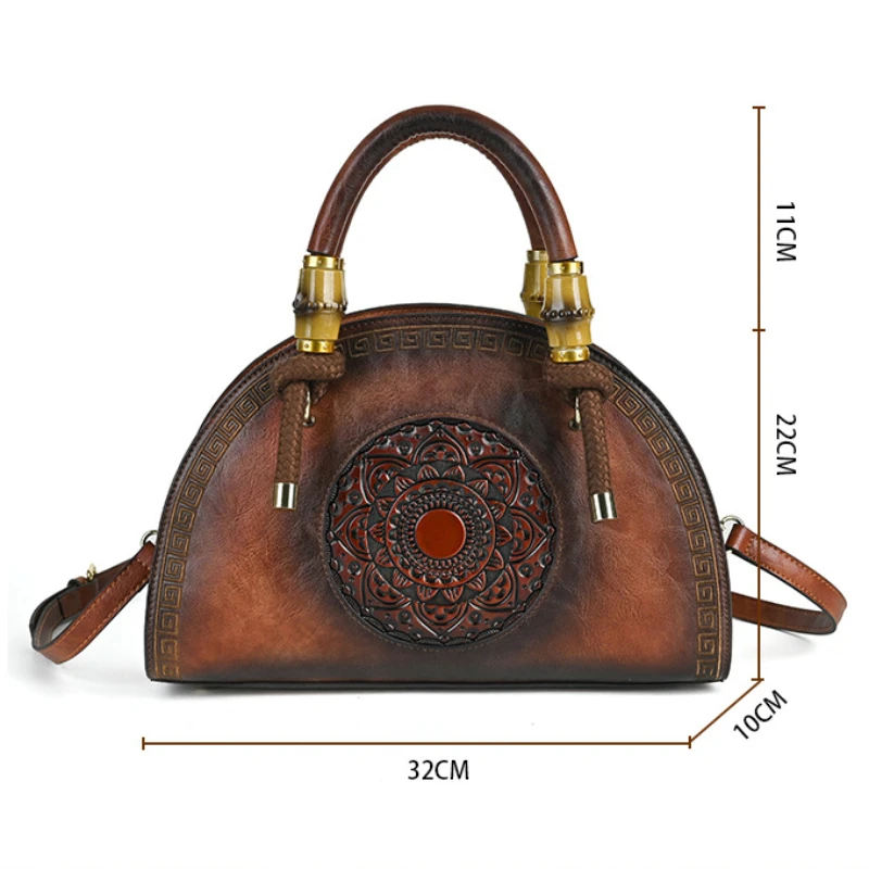 Johnature Vintage Totem Embossed Handbag Versatile Women Leather Bag Large Capacity Leisure Ladies Shoulder & Crossbody Bags