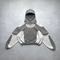 Y2K Retro Hip Hop Gray Stitching Embroidered Hooded Sweater Fashion Loose Casual Hooded Sweatshirt Gothic Street Women Clothing