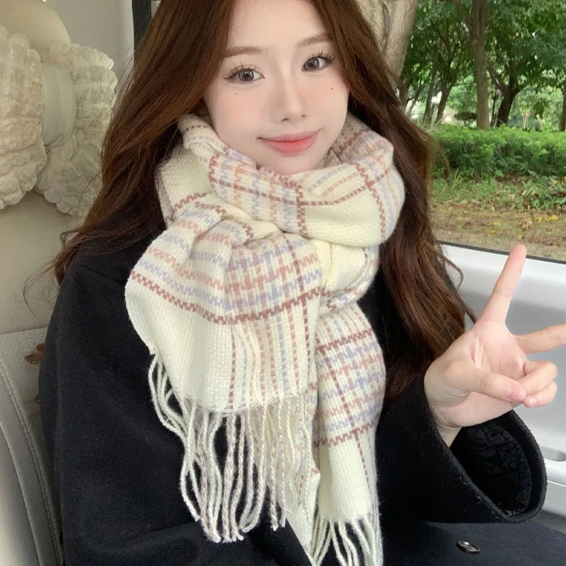 Autumn and Winter Warm Plaid Scarf Thickened Cold-Proof Versatile Fashionable Scarf Imitation Cashmere White Checkered Scarf