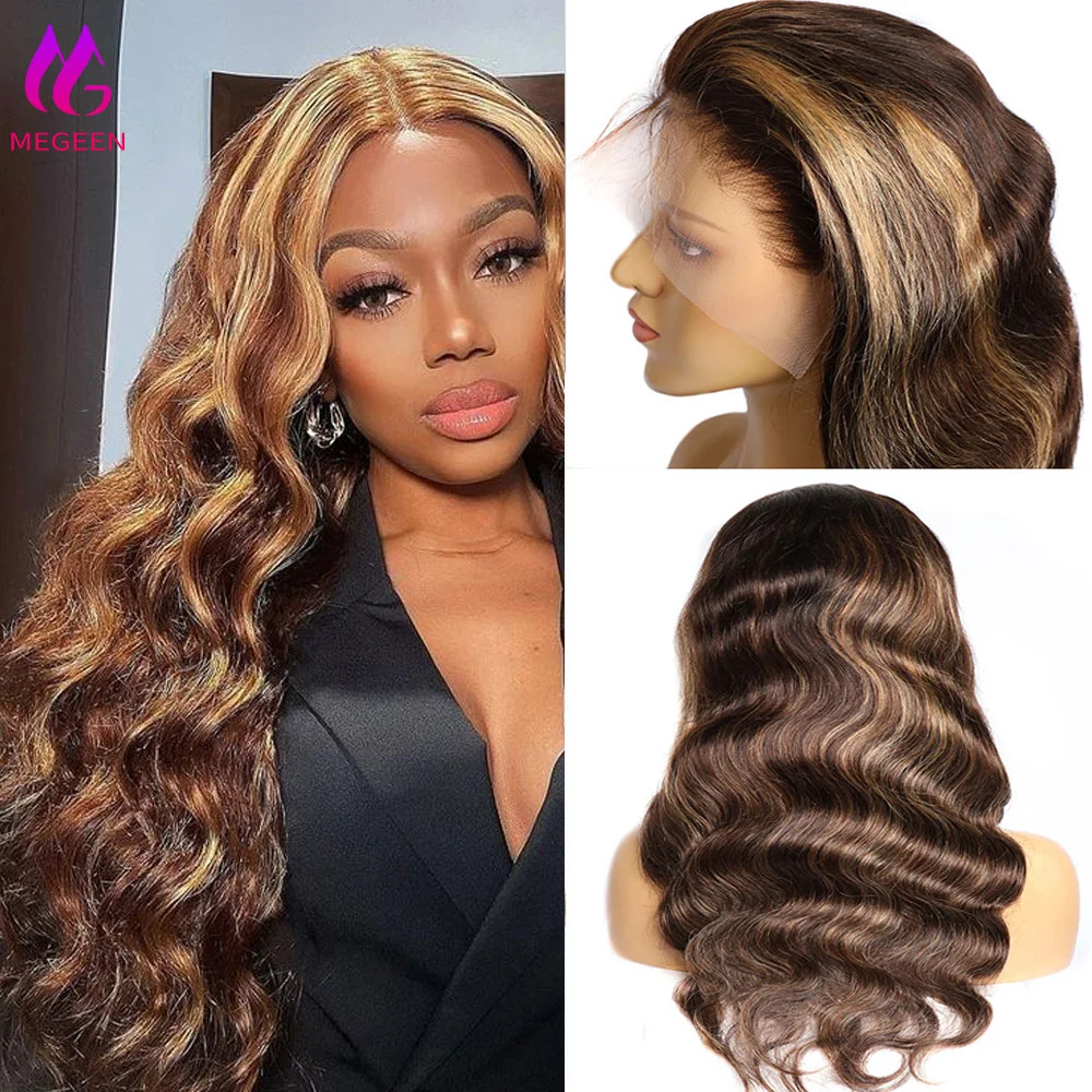 

Megeen Honey Blonde Highlight P4/27 Colored Body Wave 13X4 Lace Front Wigs 100% Human Hair Pre Plucked 13x4 Lace Frontal Wigs
