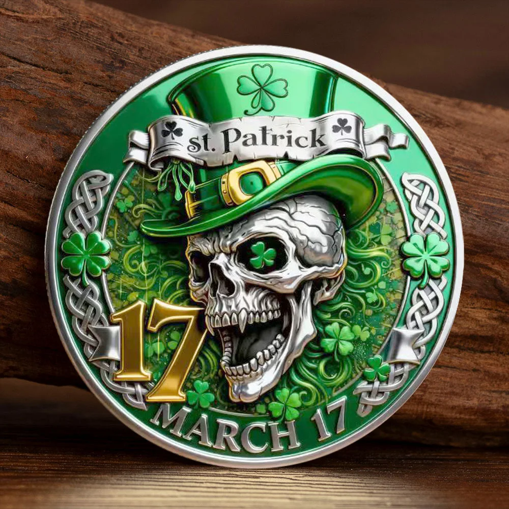 2D St. Patrick's Day Silvery Plated Commemorative Coin Green Skull Shamrock Green Beer Lucky Coin
