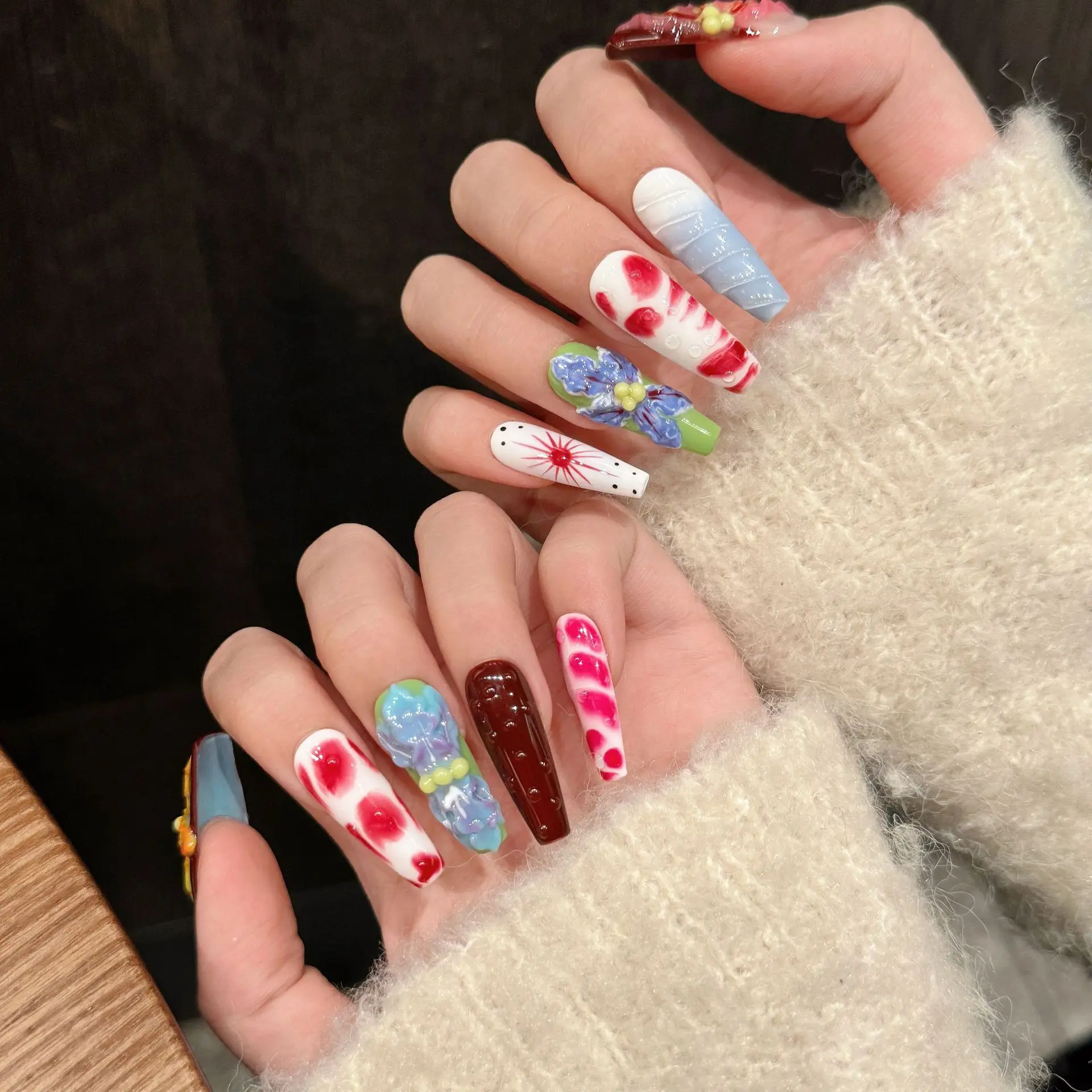 Handmade Press on Nails 3D Hand-carved Flowers Colorful Fake Nails Full Cover Wearable Long Ballet European False Nail Tips