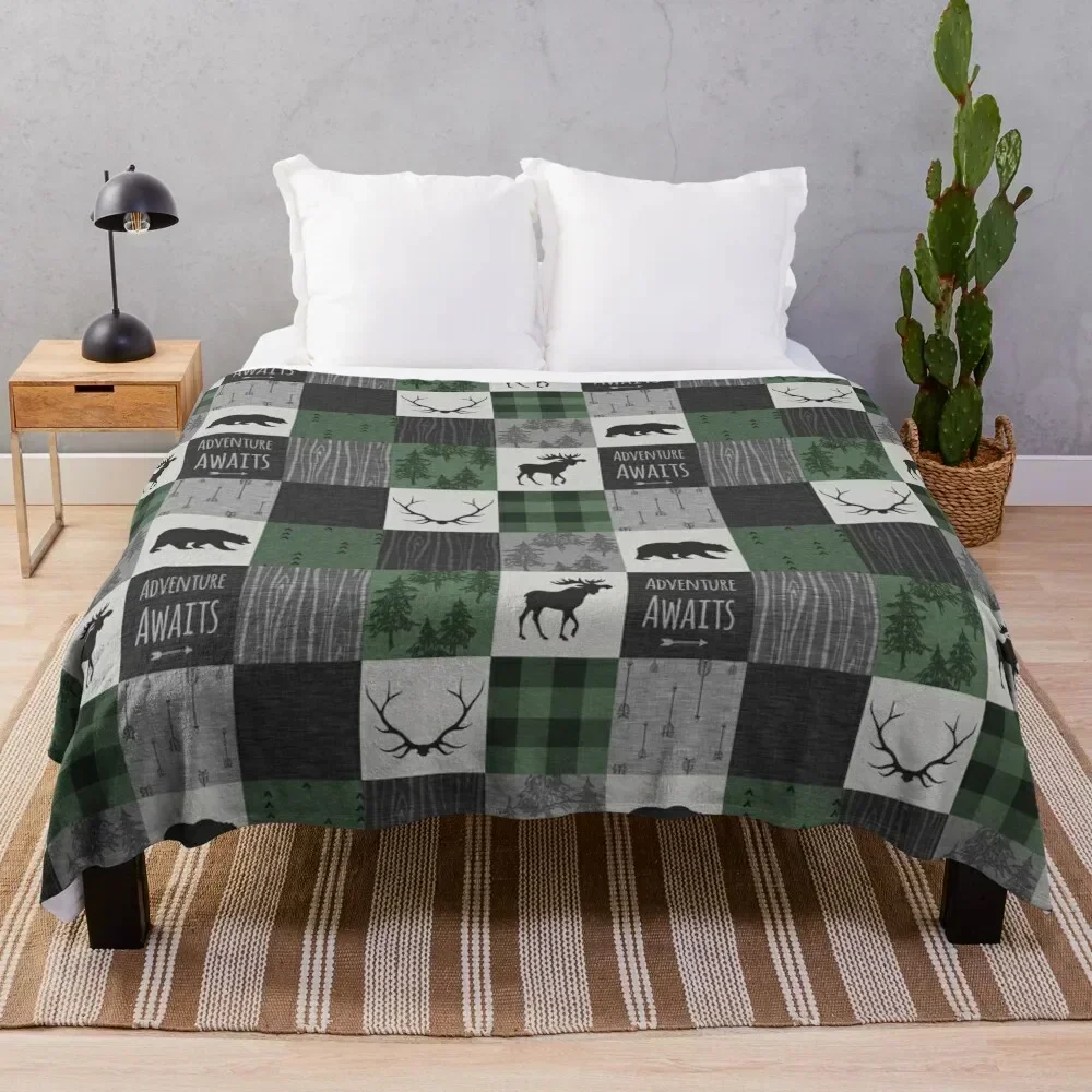 

Northwoods Adventure Patchwork - grey and green Throw Blanket christmas decoration Winter beds Flannels Blankets