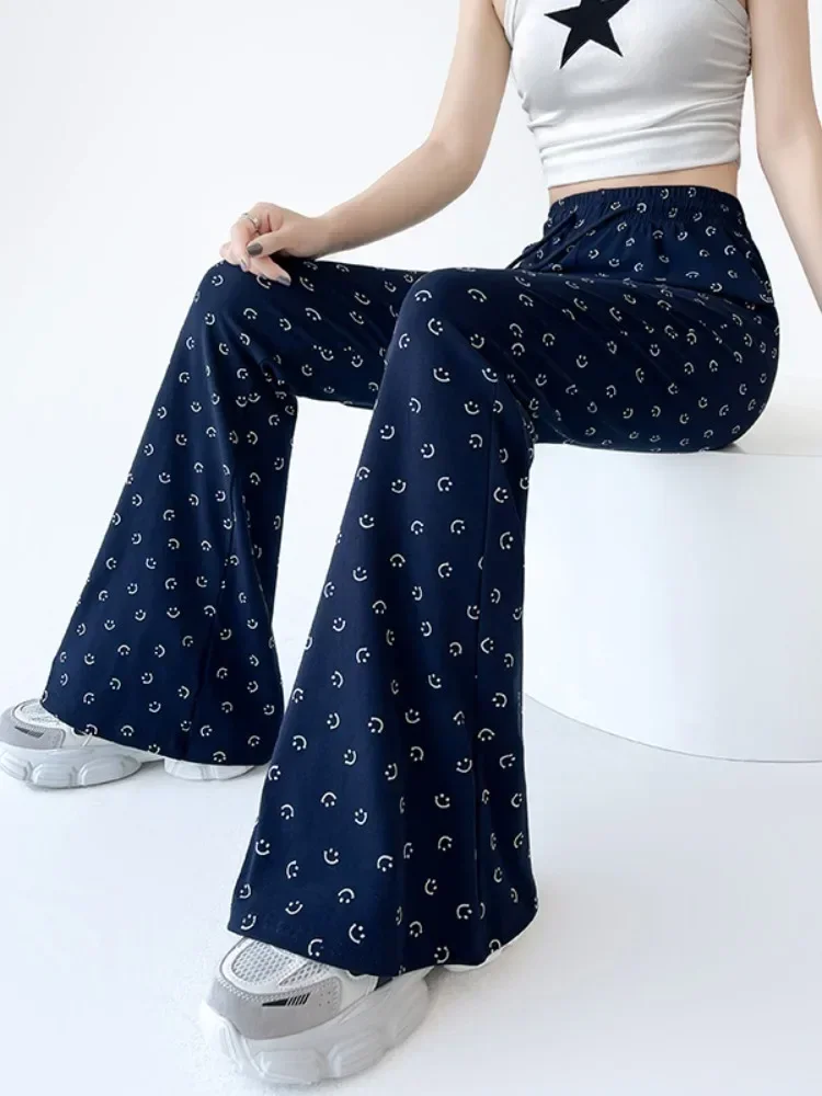 Casual Navy Breite Bein Lose Knöchel-Länge Hosen Hohe Taille Druck Lächeln Straße Koreanische Adrette Frauen Y2k Hosen Flare hose