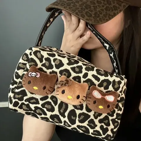 Sanrio Kawaii Hellokitty Leopard 화장품 가방 패션 만화 핸드백 대용량 메이크업 케이스 휴대용 가방 배낭 선물