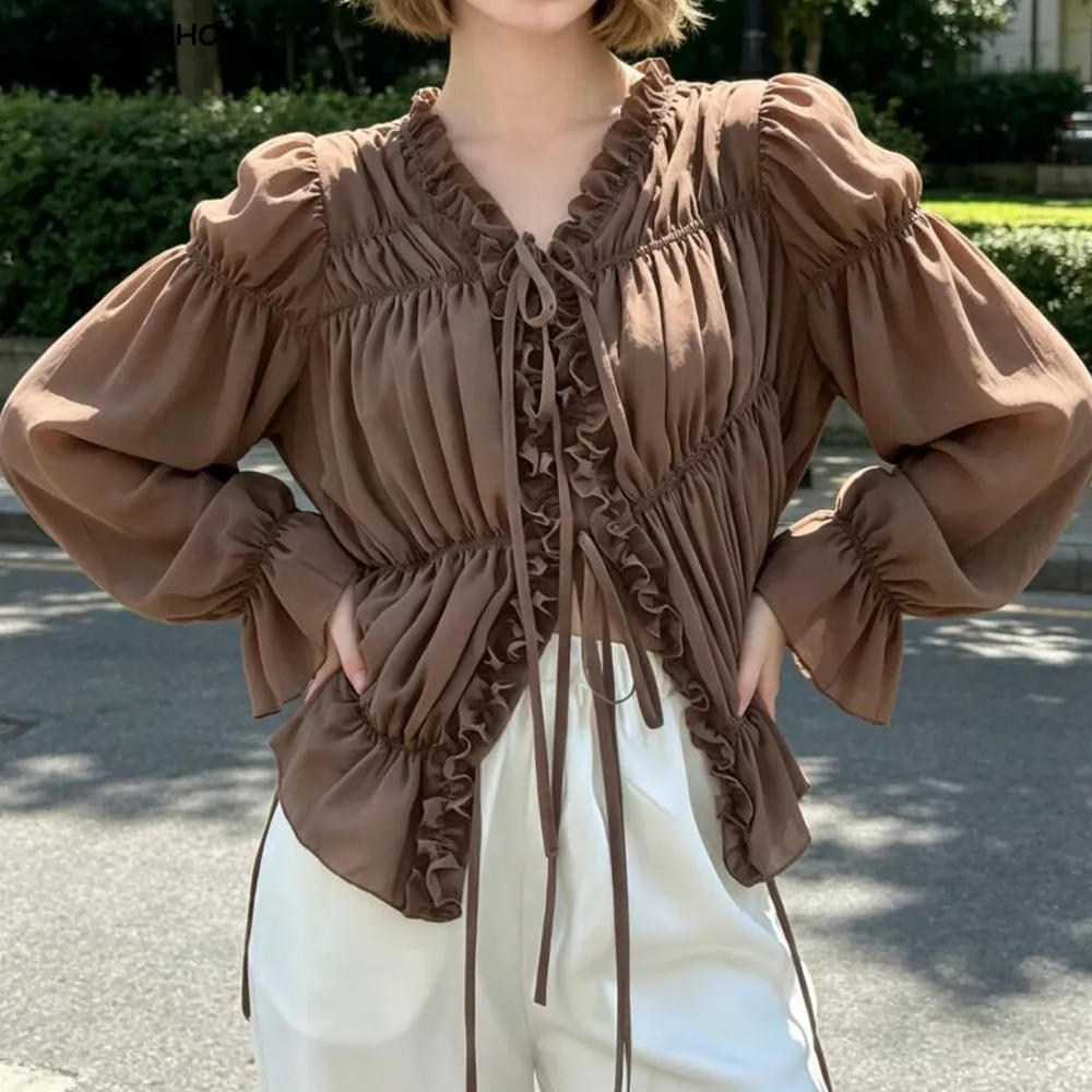 CHIC Coffee Bow Lacing up Front V neck Ruched Lotus Root Long Sleeve Shirt Spring Summer Women Sheer Loose Chiffon Blouse Tops