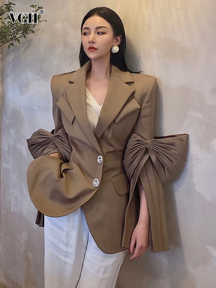 VGH High Street Plain Blazers For Women Notched Long Sleeve Single Breasted Patchwork Folds Coats Female 2022 Spring Clothes New