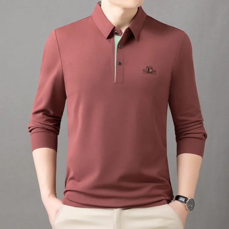 

Ice Silk Seamless Long Sleeved Lapel Polo Shirt for Men's Spring and Autumn Business Casual Men's Plus Size Loose Top T-shirt