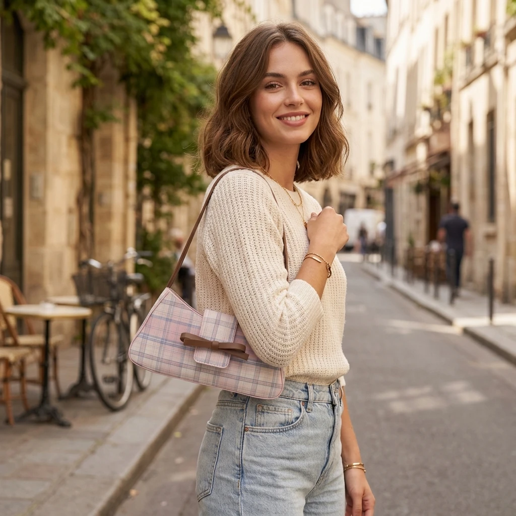 

Sweet Bowknot Plaid Underarm Bag Women Gradient Checkered Shoulder Bag Y2K Retro Tote Bag Fashion College Style