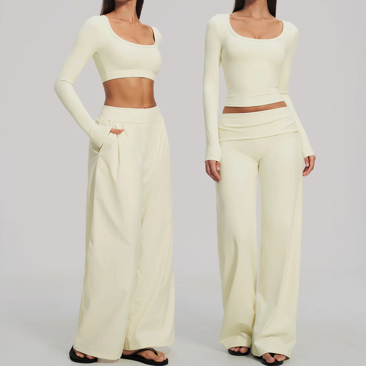 Sports Set 2Pcs Women's Long Sleeve Backless Fitted Fitness Top Push Up Pilates Yoga Top Wide Leg Straight Leg Pants Gym Clothes