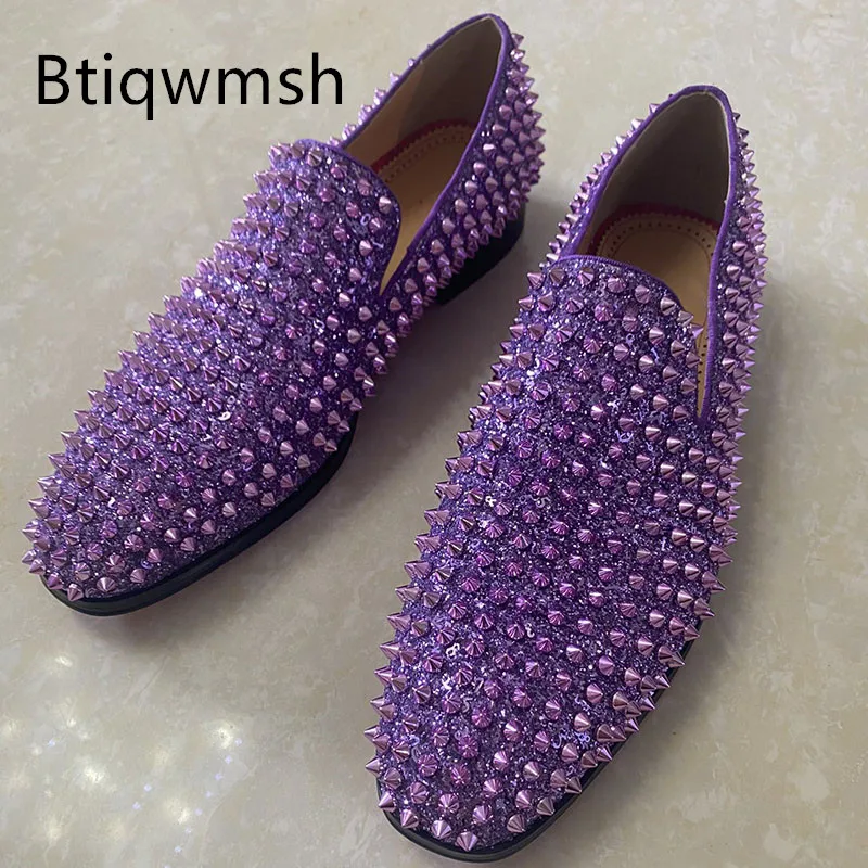 

Purple Spiked Wedding Shoes Man Pointed Toe Rivet Studded Slip On Flats Male Fashion Party Shoes