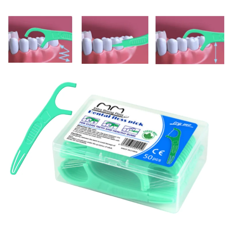 50 قطعة عصا خيط تنظيف الأسنان ذات الاستخدام المزدوج بنكهة النعناع المتاح مسواك الخيط فرشاة بين الأسنان العناية بصحة الفم تنظيف الأسنان #1