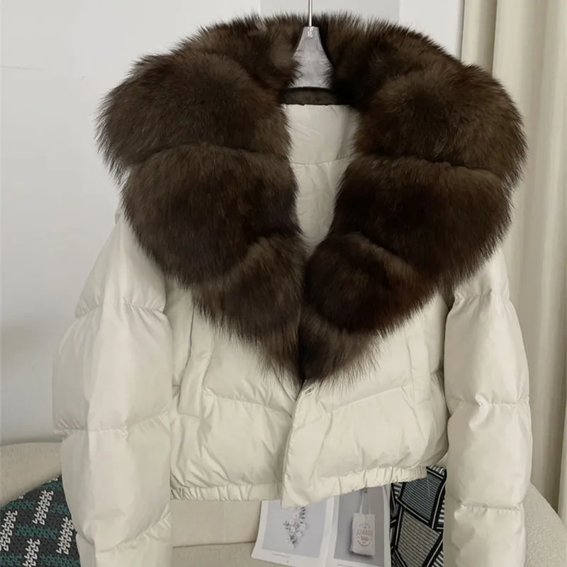 Winter Warm Women Real Fox Fur Collar Down Jacket Ladies Short Female Loose Puffer Coat