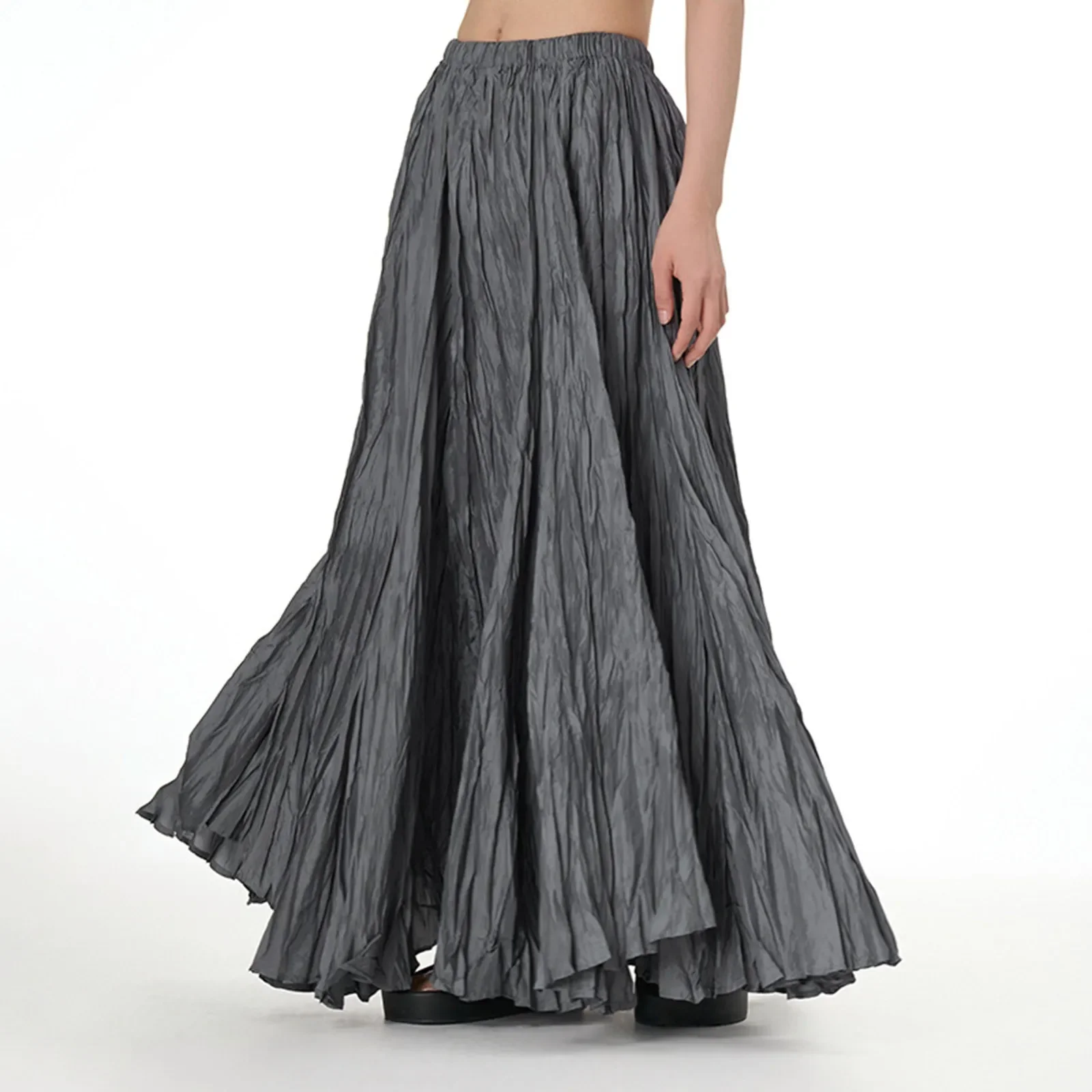 Casual Womens Solid A-Line Long Skirt Tulle Women Elegant Drape Crumpled Skirts High Waist Pleated Skirts Female Streetwear