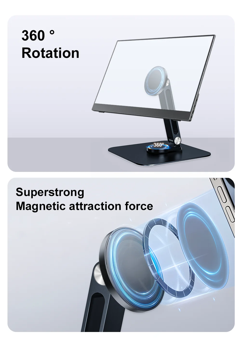 Unew Premium 360 ° Drehbarer magnetischer Ständer aus schwarzem Metall für tragbare Monitore, iPad, iPhone, Tablets von 7-21,5 Zoll, stabil, 3 kg belastbar. – Detail 3