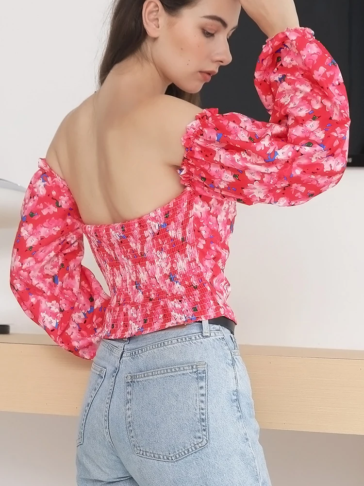 Elegant Floral Blouses For Women Sexy Backless Off Shoulder Crop Top Youth White Blouse Fashion Summer Women Clothing 2024