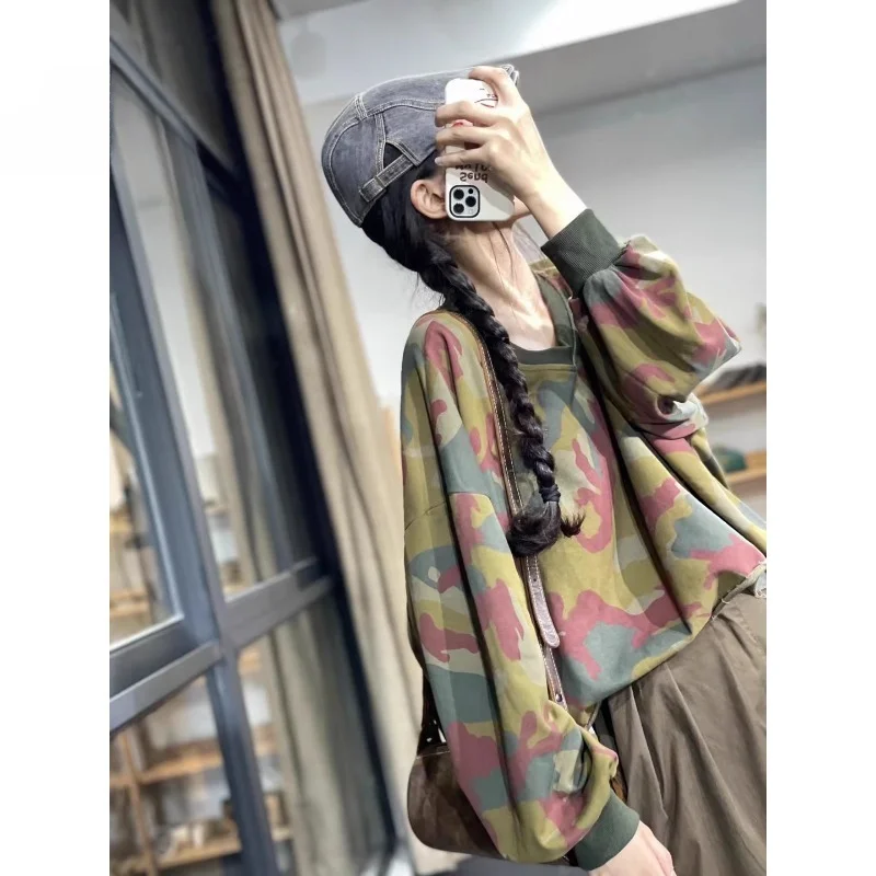 Women's Bat Sleeve Camouflage Hoodie, Loose Casual Hoodie, Versatile, Short Rolled Edge, Korean Version, New Model, Autumn, 2024