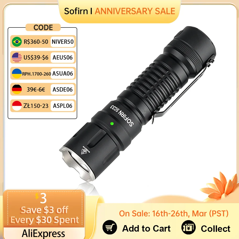 Sofirn XHP70.3 SC33 Hi 4700-5300K ไฟฉาย LED 5200lm มีประสิทธิภาพ21700 USB C ชาร์จไฟได้พร้อมสวิตช์ท้ายไฟกลางแจ้ง