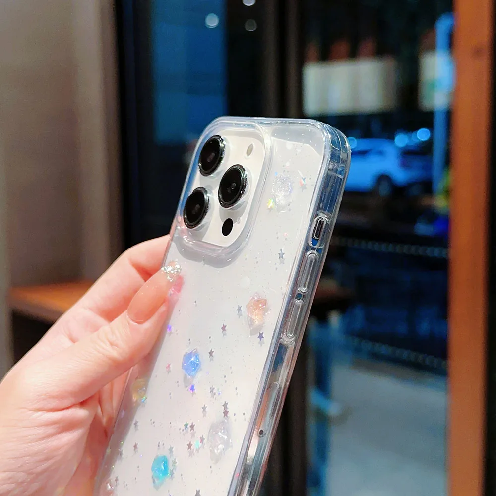 3D Crystal Star Luminous Noctilucent Stars Glitzerhülle für iPhone 16 15 14 Plus 13 11 12 Pro Max Plus Pailletten Bling Clear Cover – Detail 9