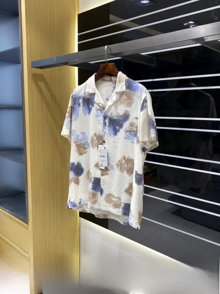 

Spanish Order Abstract Print Bamboo Texture Summer Men's Cool Feeling Loose Casual Short Sleeve Shirt Fashion Urban Style