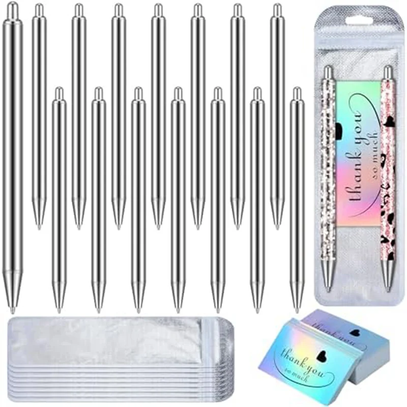 

Latest 15 Set Stainless Steel Pen Blank Resealable Bags And Holographic Thank You Card Set For DIY Glitter Pen Packaging Silver