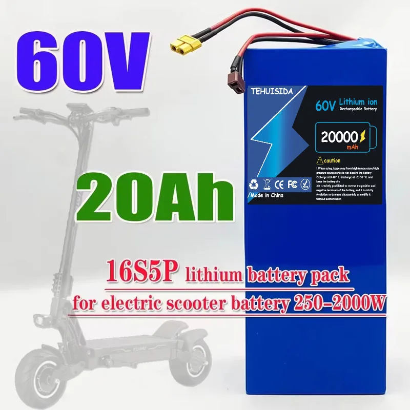 High Power 60V 20000mAh 16S5P Lithium-ion Battery, Suitable for Motorcycle, Scooter, Bicycle Engines, Replace XT60+T Plug
