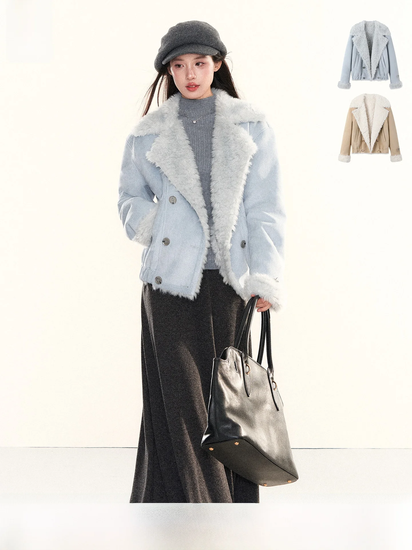 

Warm Double-Breasted Fur-Inteated Jaet Loose Fit Turn-down Collar Youth Faionable Top for Autumn Winter by ANDYET AD