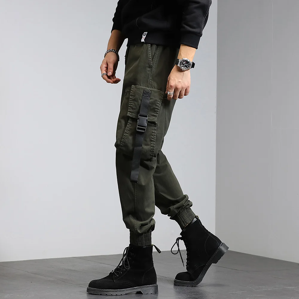 Męskie spodnie Cargo męskie 2023 luźne Hip Hop wstążka moda Techwear Joggers męskie spodnie Streetwear Casual spodnie męskie