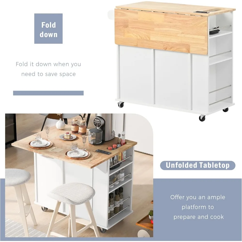 Rolling Kitchen Cart with Drop Leaf and Wine Rack,Kitchen Island on Wheels with Power Outlet for Home Kitchen and Dining Room