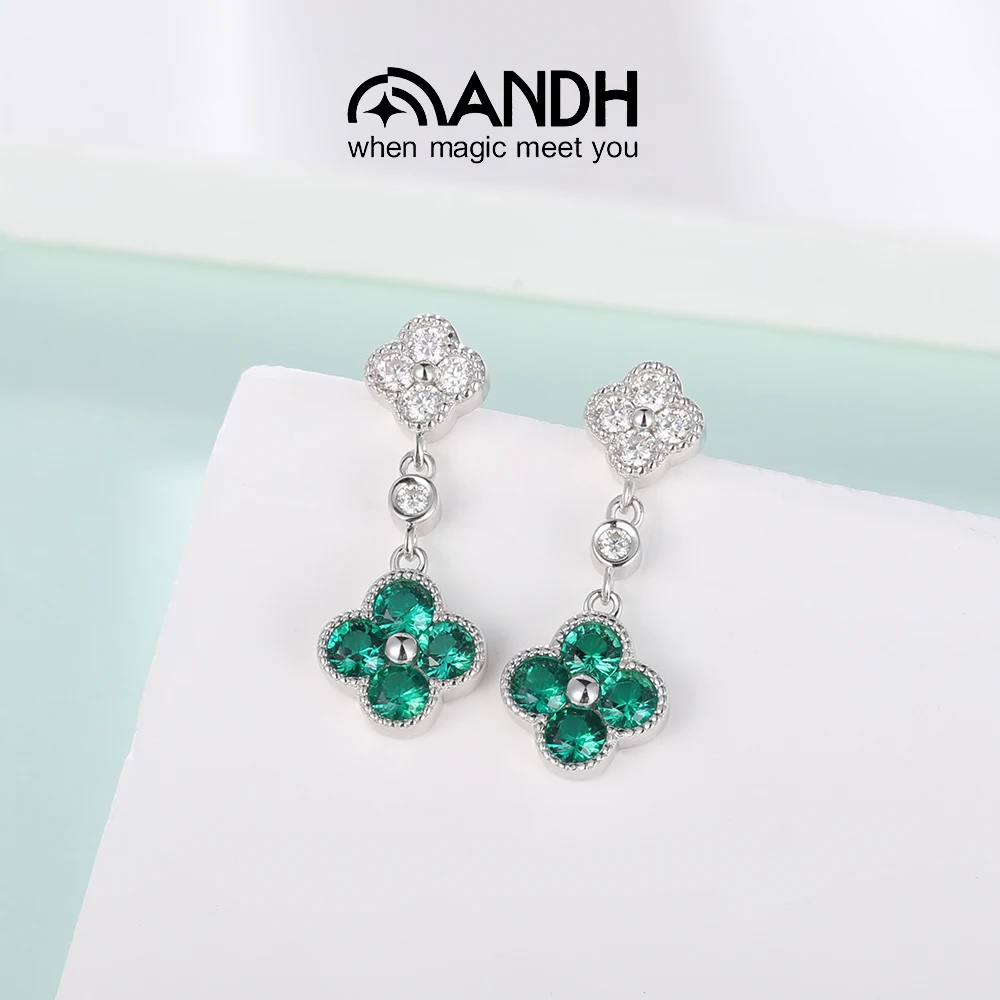 

ANDH Lab-Grown Emerald & Moissanite Four-Leaf Clover Drop Earrings for Women 925 Sterling Silver Elegant Dangle Earrings Jewelry