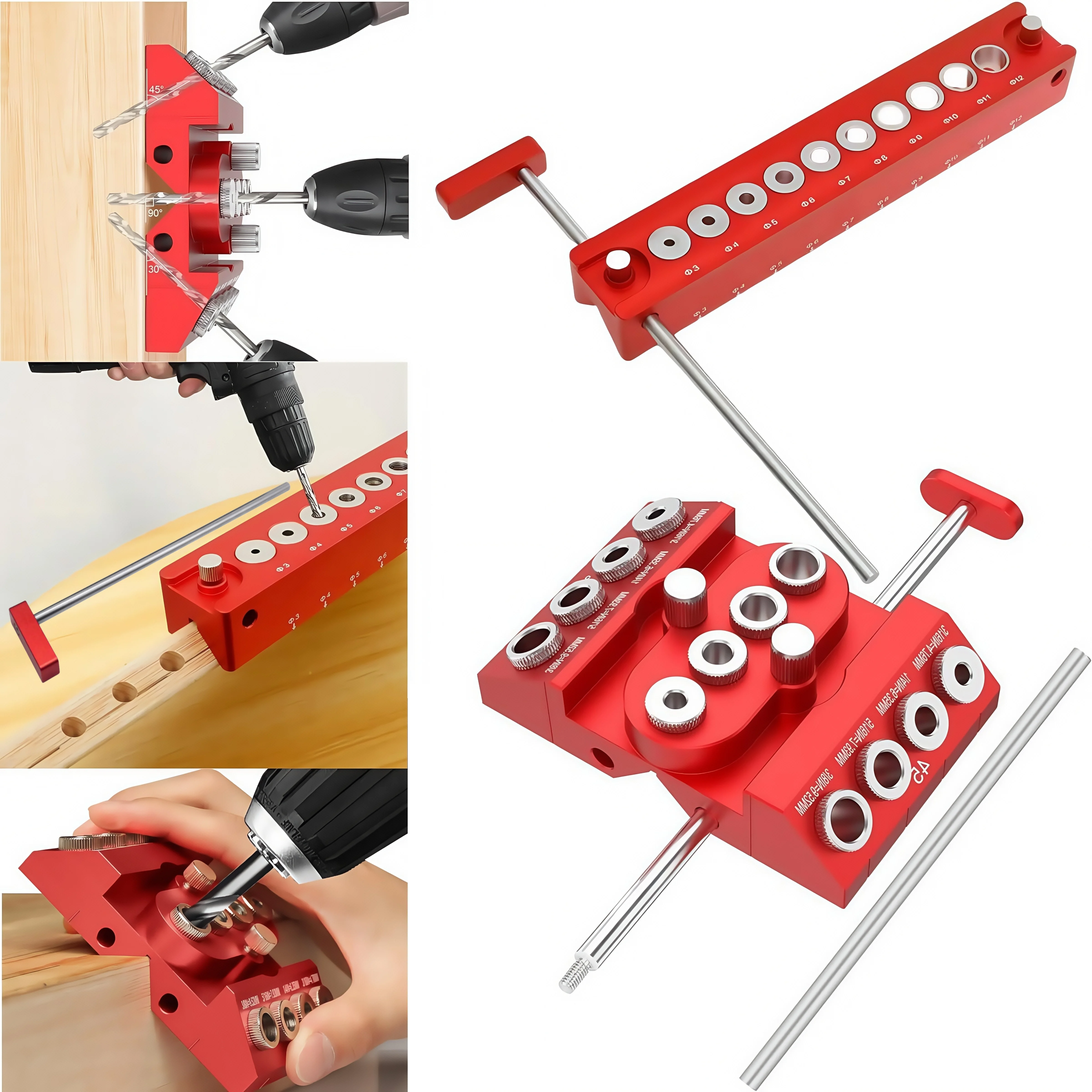 Aluminum Alloy Self Centering Dowel Jig W/ Positioning Rod, for Flat Round Corner Drilling Cable Railing & Woodworking Project