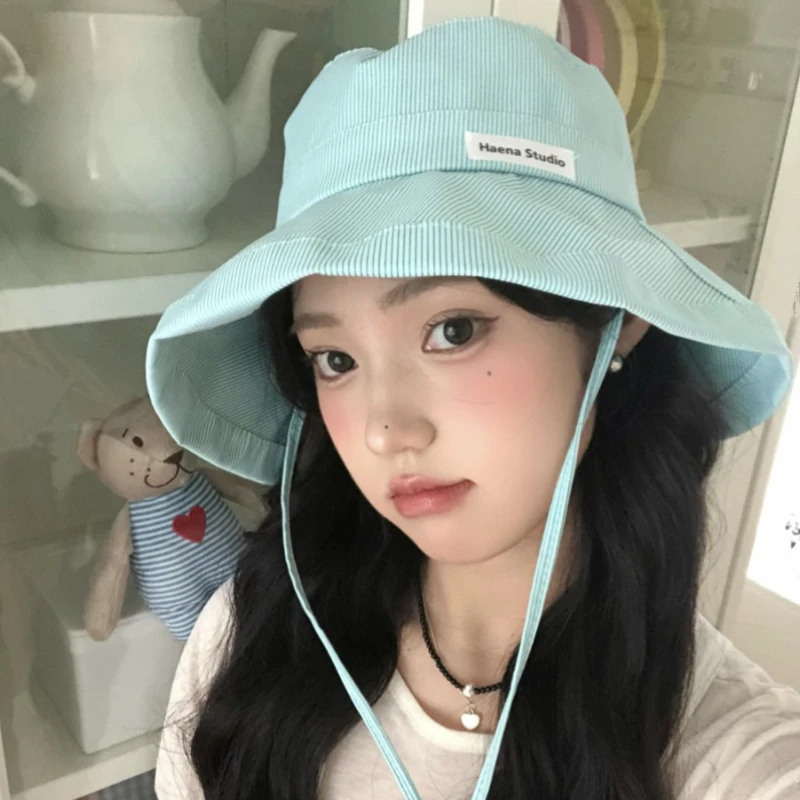 Ins Fresh Striped Strap Bucket Hat Spring and Summer New Korean Sweet Versatile Cute Candy Color College Style Women\'s Caps