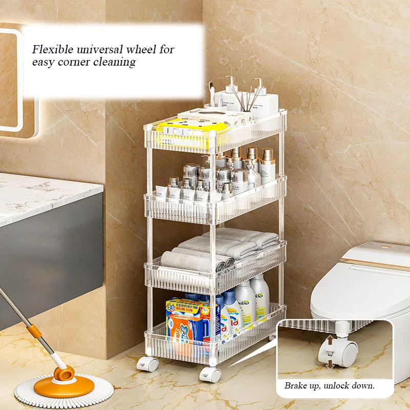 Acrylic Bathroom Storage Rack Multi-gauge Removable Heavy-bearing Floor-standing Rack with 360° Cardan Wheel