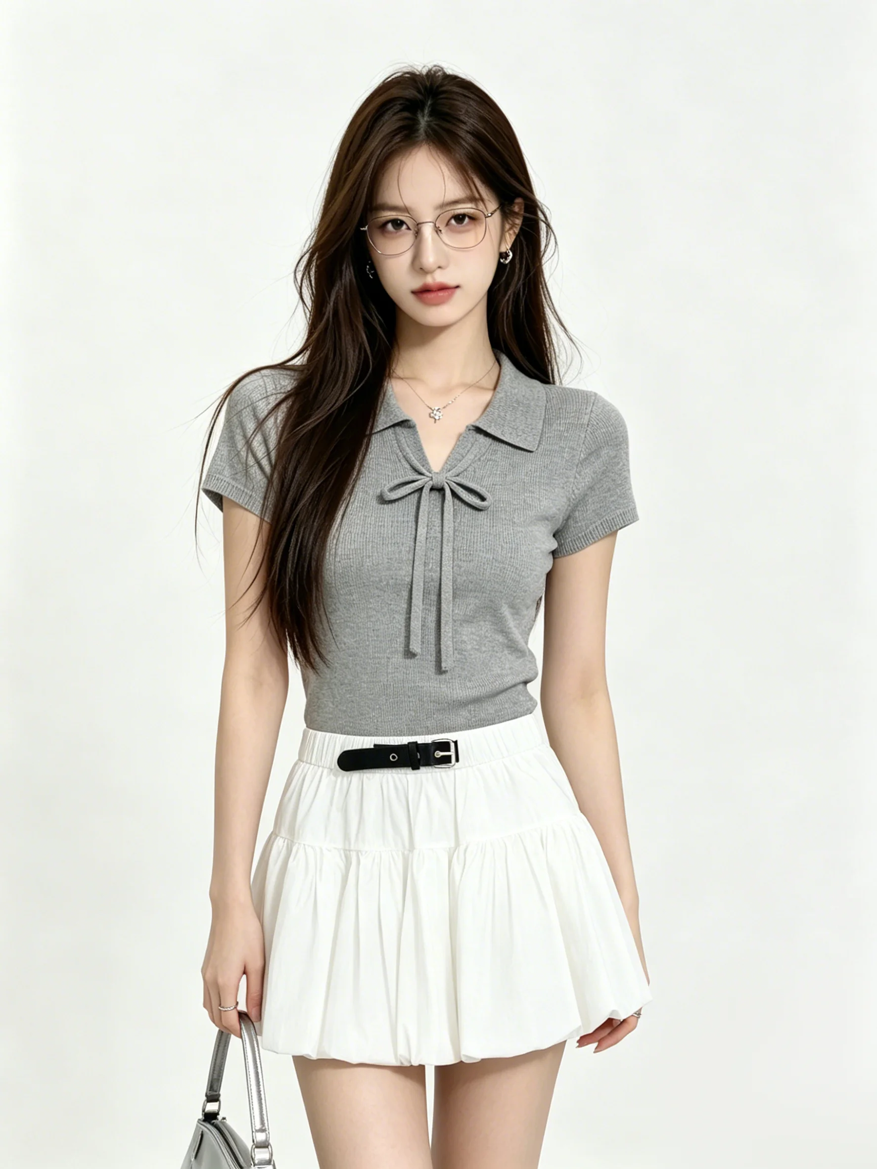 White Anti-Light Bloom Short Skirt High Waist Belt Splicing Pure Color Slimming Spring Summer Versatile Ladies Skirts
