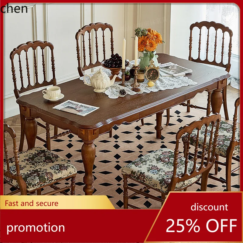 HT Solid Wood Dining Table Rectangular Vintage Table and Chair Set Wooden Mid-Century Dining Table