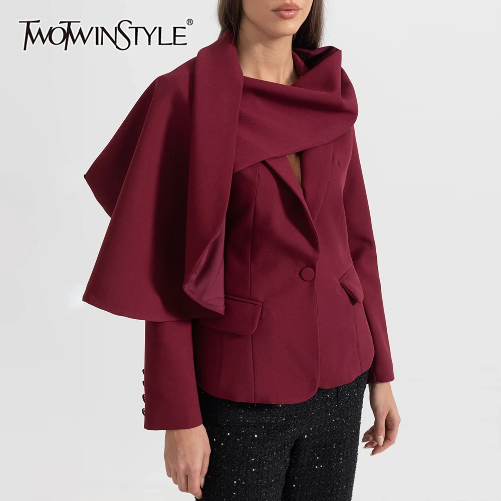 

TWOTWINSTYLE однотонный утягивающий блейзер на пуговицах для женщин, шарф с длинными рукавами, лоскутное пальто с карманами, женская одежда, новинка