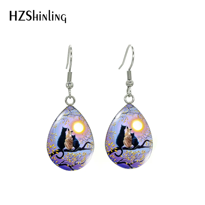 New Vintage Kittens and Moon Paintings Tear Drop Fish Hook Earrings Cute Cats Moon Glass Cabochon Jewelry Dangle Earrings