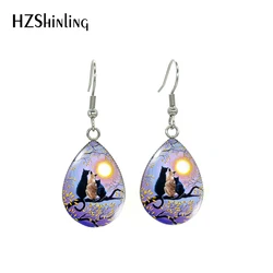 New Vintage Kittens and Moon Paintings Tear Drop Fish Hook Earrings Cute Cats Moon Glass Cabochon Jewelry Dangle Earrings