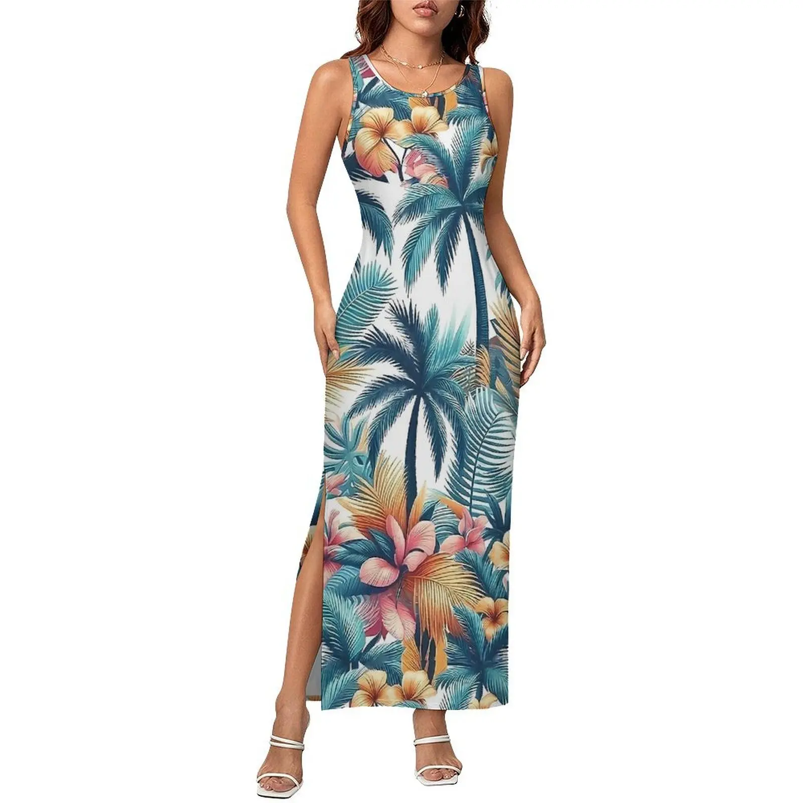 Tropical Palm Trees Colorful Dress Sleeveless  Vintage Maxi Dresses Summer Aesthetic Custom Bodycon Dress 2XL 3XL 4XL