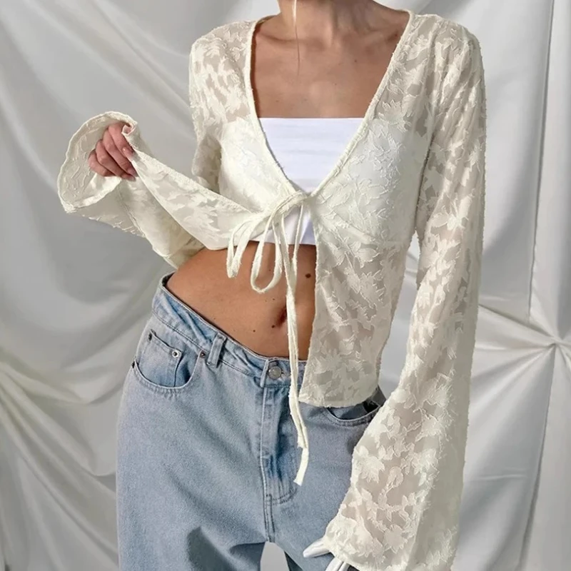 

Новая женская повседневная блузка-кардиган с принтом, свободного кроя, с V-образным вырезом, ажурными вставками и длинными рукавами на шнуровке, коллекция Весна-Лето 2026