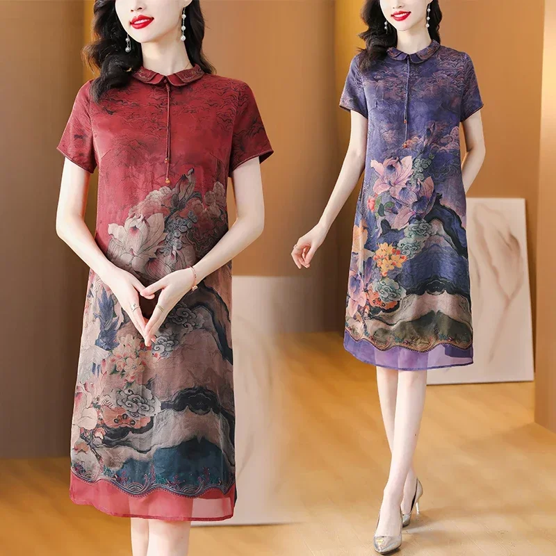 

2023 Summer Silk Vintage Flower Printed Qipao Dress Short Sleeve Dress Chinese O-Neck Slim Knee Long Dress Women's Long Robe