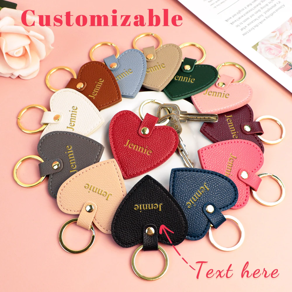 Customizable Name Ins-Style Creative Heart-Shaped PU Leather Car Keychain Pendant, Portable and Beautiful